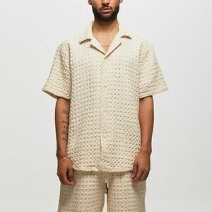 OAS Cuba Waffle Textured Ecru Button Up Short Sleeve Shirt XXL NEW White
